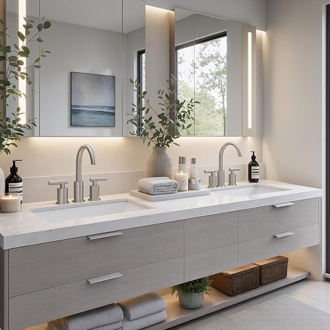 Widespread Bathroom Faucet 2 Handle Vanity Sink Faucet Brush Nickel | SUS 304 Stainless Steel, 360° Swivel Spout, Pop-up Drain, Ceramic Valve, Aerated Stream, 20-Min DIY Install