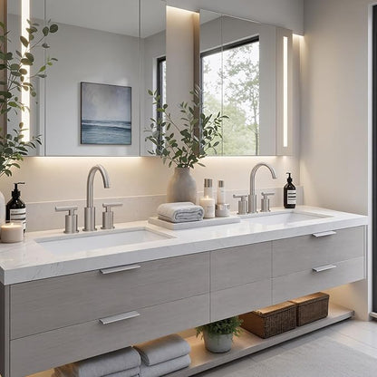 Widespread Bathroom Faucet 2 Handle Vanity Sink Faucet Brush Nickel | SUS 304 Stainless Steel, 360° Swivel Spout, Pop-up Drain, Ceramic Valve, Aerated Stream, 20-Min DIY Install