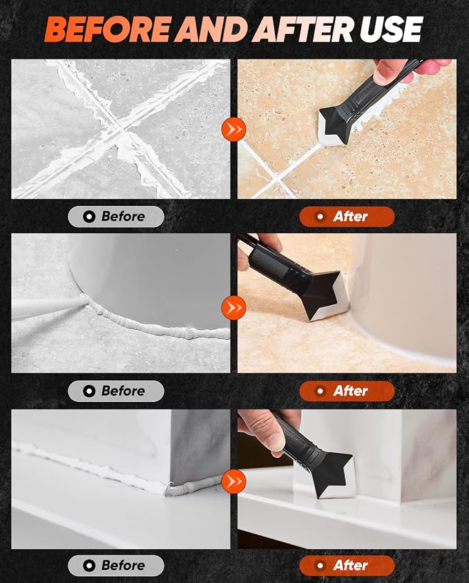 Saker Silicone Caulking Tool 3-in-1 Grout Removal Tool Classic Black | Sealant Finishing Scraper with Stainless Steelhead, Seam Repair Kit for Bathroom, Kitchen, Floor, Window and Sink Joints