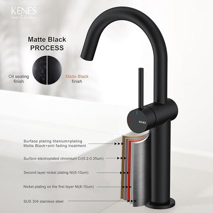 KENES Matte Black Tall Bathroom Vessel Sink Faucet, Single Handle Bathroom Faucet Single Hole, Tall Vanity Faucet with Pop Up Drain and Supply Lines, KE-9005C-2