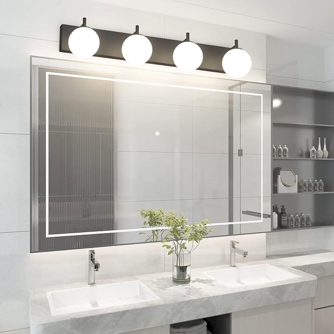 Aipsun Bathroom Light Fixtures, 4 Lights Matte Black Vanity Light, Modern Wall Sconces Lighting, Modern Bath Wall Mounted Lights with Milky Glass Globe(Exclude Bulb)