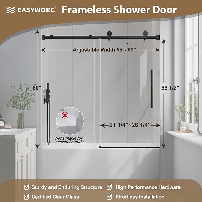 55-60" W x 60" H Frameless Bathtub Shower Door Matte Black | 1/4''(6mm) SGCC Tempered Glass,Explosion Proof Film,Nano Coating,Customizable width,Reversible installation,Easy to Clean