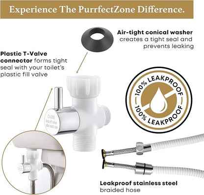 Purrfectzone Bidet Sprayer for Toilet, Bidet Sprayer for Feminine Wash, Premium Stainless Steel Jet Spray for Toilet, Wall-Mounted or Toilet Tank Mounted - White/Chrome