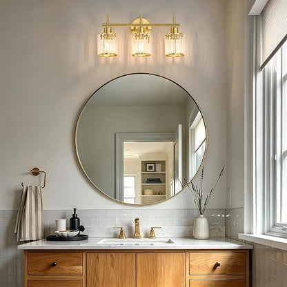 Brushed Gold Bathroom Light Fixtures, Round, 3-Light | Vanity Lights with Crystal Shades, Modern Bathroom Lighting Fixtures over Mirror (Bulbs Not Included, E26)