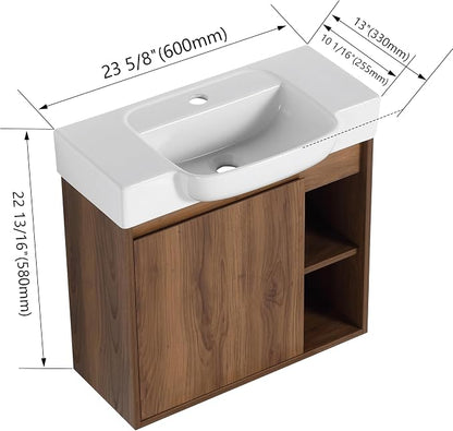 24" Bathroom Vanity with Sink, Wall-Mounted Cabinet, Brown Ebony | Ceramic Sink, Soft-Close Door & 2 Open Storage Shelves, Modern Farmhouse Sink Cabinet, Easy to Clean for Small Bathroom