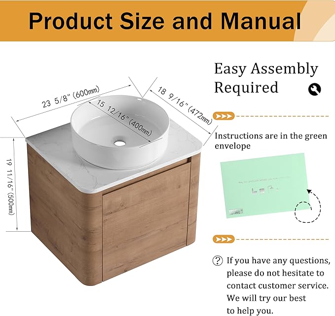 Malwee 24" Floating Bathroom Vanity with Sink, 24 Inch Wall Mounted Bathroom Cabinet Combo, Modern Single Sink Bath Storage Vanity Set, with 1 Soft Close Door and Ceramic Vessel Basin Top(24-400