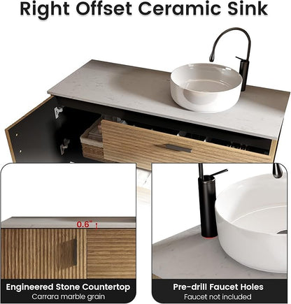 48" Bathroom Vanity with White Vessel Sink, Wall-Mounted, Oak | Fluted Bathroom Cabinet with Offset Ceramic Sink, 2 Soft-Closing Drawers & 1 Door, Engineered Stone Countertop