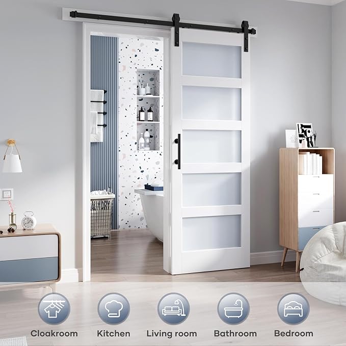 30x80 Inch Glass Sliding Barn Door Slab and 5.5ft Hardware Kit Included, 5 Frosted Glass, LVL Wood Panel Covered with White Water-Proof Scratch-Proof PVC Surface, Simple DIY Assembly