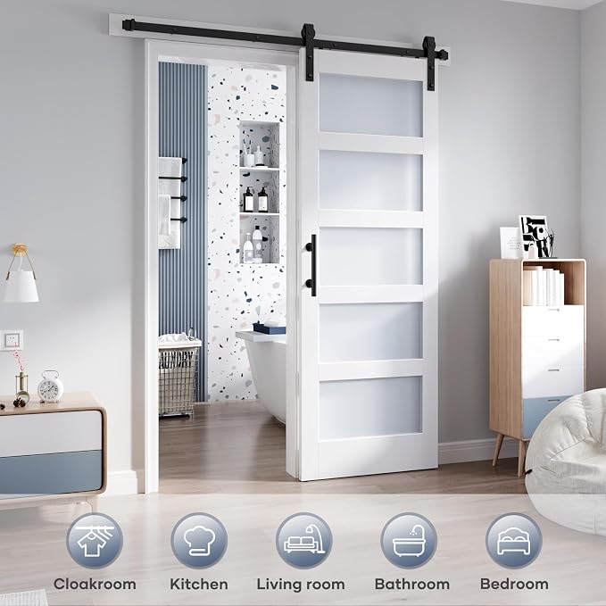 28x84 Inch Glass Sliding Barn Door Slab and 5ft Hardware Kit Included, 5 Frosted Glass, LVL Wood Panel Covered with White Water-Proof Scratch-Proof PVC Surface, Simple DIY Assembly