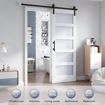 28x84 Inch Glass Sliding Barn Door Slab and 5ft Hardware Kit Included, 5 Frosted Glass, LVL Wood Panel Covered with White Water-Proof Scratch-Proof PVC Surface, Simple DIY Assembly