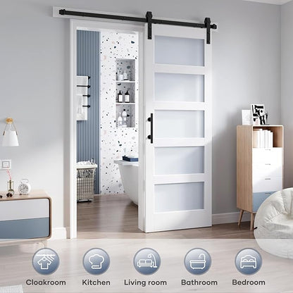 30x84 Inch Glass Sliding Barn Door Slab and 5.5ft Hardware Kit Included, 5 Frosted Glass, LVL Wood Panel Covered with White Water-Proof Scratch-Proof PVC Surface, Simple DIY Assembly