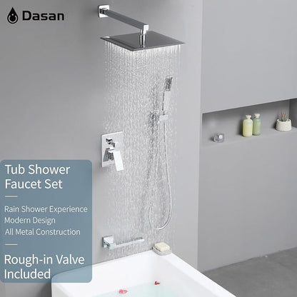 DASAN Tub Shower Faucets Sets Complete Chrome Bathtub Shower System with Tub Spout, Bathtub Faucet Set Tub and Shower Faucet Combo Trim Kit with Rough-in Valve, DA-SS03PC-S10W
