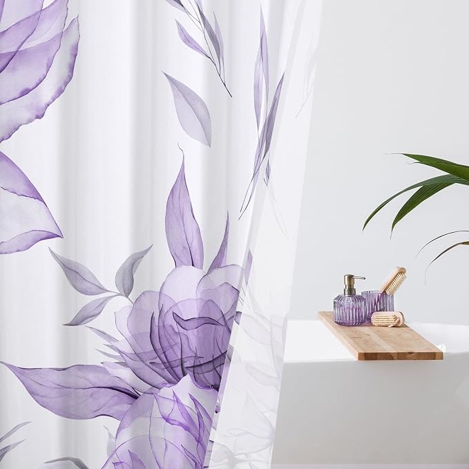 Litabel Long Boho Watercolor Floral Shower Curtain 72 x 78, Purple and Grey Ink Painting Style Flower Shower Curtains for Chic Elegant Bathroom, Artistic 78 Inch Long Fabric Shower Curtain