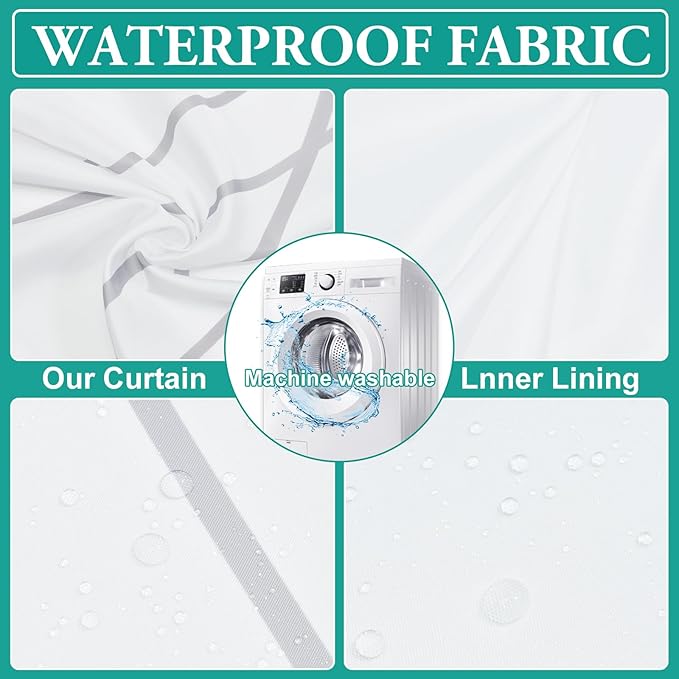 No Hook Ombre Grey White Striped Stall Shower Curtain with Snap in Liner Set - Hotel Shower Curtain and Liner Set with See Through Mesh Top Window,Machine Washable, 54x80 INCH