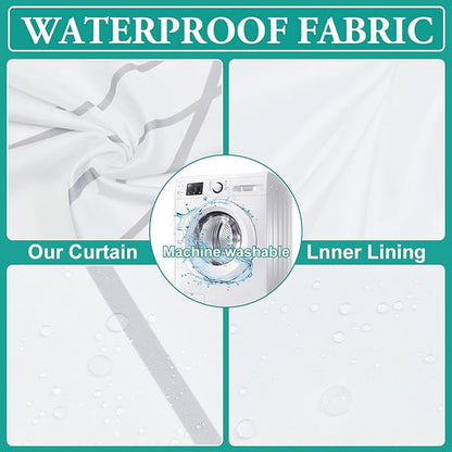 No Hook Ombre Grey White Striped Stall Shower Curtain with Snap in Liner Set - Hotel Shower Curtain and Liner Set with See Through Mesh Top Window,Machine Washable, 54x80 INCH