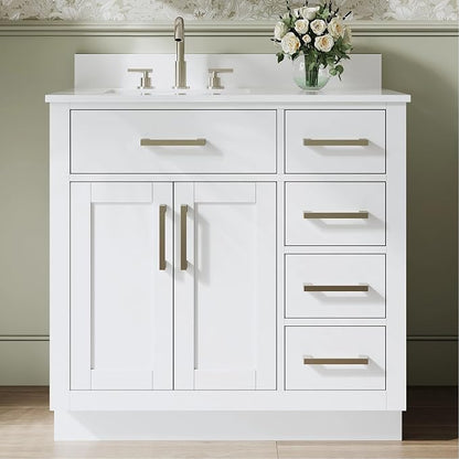 36-Inch Bathroom Vanity with Sink W/ 2 Doors & 4 Drawers & 1 Flip Drawer, White Vanity W/Brushed Nickel Handles
