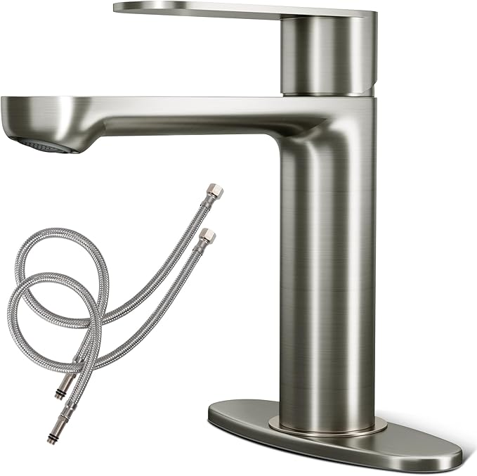 Brushed Nickel Bathroom Faucet 1 or 3 Hole with Deck Plate, Leak-Free Ceramic Cartridge, Spot-Free Finish, Water-Saving Aerator, Easy Install, Modern Sink Faucet for Vanity, Restroom, Bathroom&Vessel