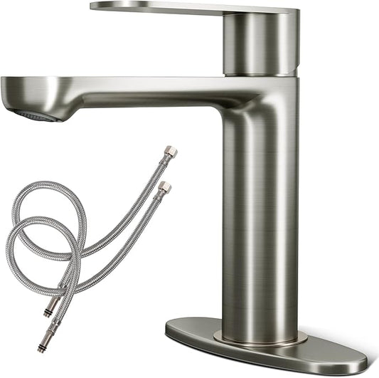 Brushed Nickel Bathroom Faucet 1 or 3 Hole with Deck Plate, Leak-Free Ceramic Cartridge, Spot-Free Finish, Water-Saving Aerator, Easy Install, Modern Sink Faucet for Vanity, Restroom, Bathroom&Vessel