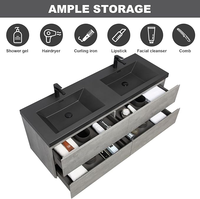 Wall Mounted 60 Inch Bathroom Vanity with Sink, Floating Vanity Bathroom, Double Sink Bathroom Vanity, 2 Drawers, 2 Soft Closing Doors, Resin Integrated Sink (Dark Birch)