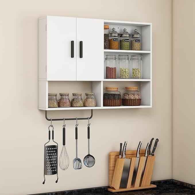 Bathroom Wall Cabinet, Medicine Cabinet with Towel Bar & 2 Doors, White