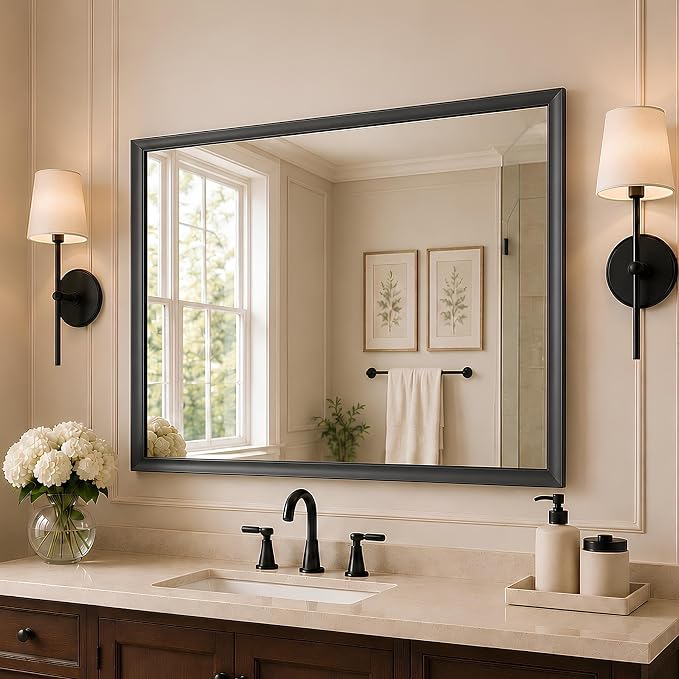 30x40 Inch Matte Black Bathroom Mirrors for Over Sink | Curved Aluminum Frame Rectangular Vanity Mirror, HD Tempered Glass, Rust-Resistant Wall Mirror for Bedroom & Entryway