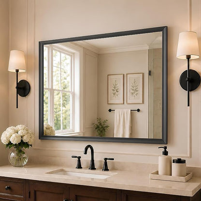 30x40 Inch Matte Black Bathroom Mirrors for Over Sink | Curved Aluminum Frame Rectangular Vanity Mirror, HD Tempered Glass, Rust-Resistant Wall Mirror for Bedroom & Entryway