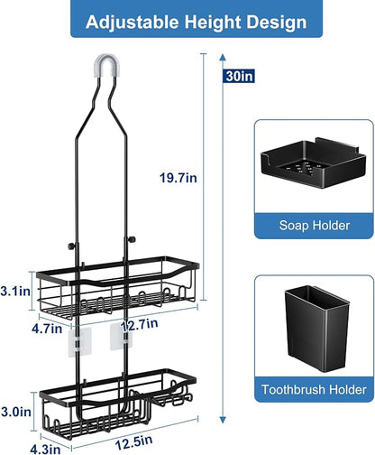 Upgraded Extended Length Shower Organizer with 16 Hooks, Rustproof Shampoo Soap Storage, Large Hanging Bathroom Caddy with Soap and Toothbrush Holder