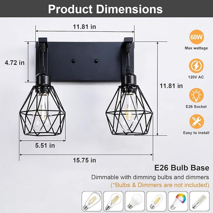 Somniferous Farmhouse Bathroom Light Fixtures, 2 Light Bathroom Vanity Light Over Mirror, Black Bathroom Light with Caged Metal Shade, Rustic Wall Sconce for Bedroom, Living Room, Hallway, E26 Socket