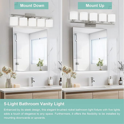 Honesorn 5-Light Bathroom Vanity Light, Anti-Rust Bathroom Light Fixtures | Bathroom Light Over Mirror, Milky White Frosted Shades, Brushed Nickel, E26 Socket(Bulbs Not Included)