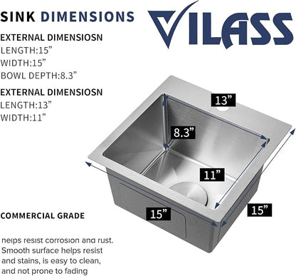 Bar Sink 15x15 Inch Drop in Bar Sinks with Faucet Combo Modern Stainless Steel Small Kitchen Sink Single Bowl RV Sink