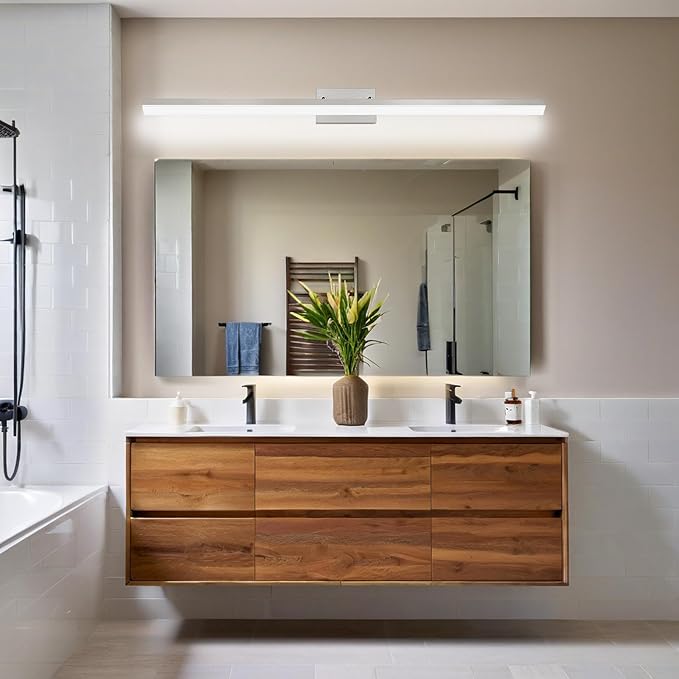 48-Inch Modern LED Bathroom Lights Fixtures, Dimmable 48W 6000K Cool White Makeup Vanity Lighting, Brushed Nickel Vanity Light, Adjustable Bathroom Light Bar Over Mirror