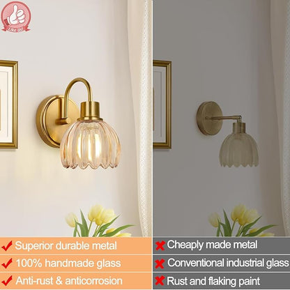 2-Pack Brushed Gold Bathroom Vanity Light, Single-Head Wall Sconce with Ribbed Amber Tulip Glass Shade, Vintage Bathroom Light Fixtures for Bedroom, Hallway & Bedside (Bulbs Not Included)