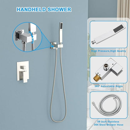 Lordear Rain Shower System Wall Mounted Shower Faucet Set - 12 Inch Stainless Steel Shower Head Handle Set and Solid Brass Valve, Chrome Polished Finish