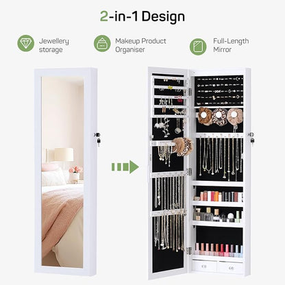 Jewelry Organizer Cabinet, 47.2-Inch Lockable Jewelry Armoire with Full-Length Mirror, Wall or Door-Mounted, Large Storage with 6 LEDs, 3.85" D x 14.25" W x 47.24" H, White