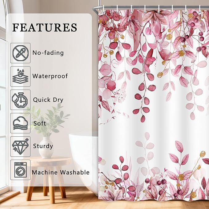 Pink Eucalyptus Shower Curtain, Watercolor Plants Foliage Floral Bathroom Curtains, Cottagecore Botanical Leaves Waterproof Fabric Cloth Shower Curtain Set with Hooks 72X75 Inch