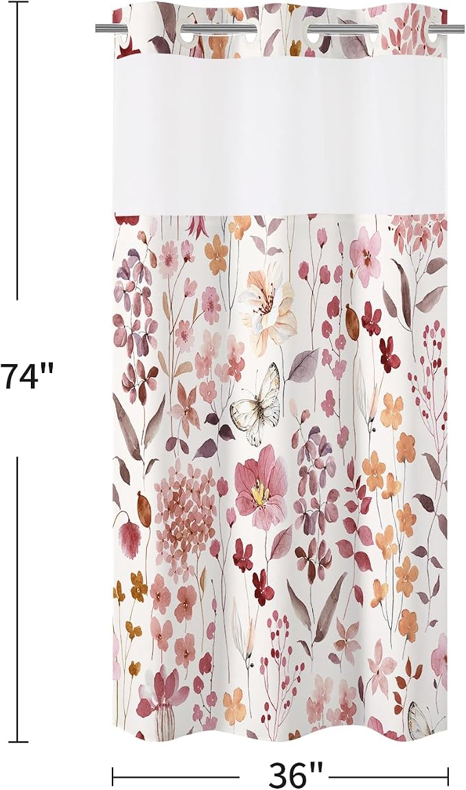 No Hook Burgundy Watercolor Floral Shower Curtain and Liner Set, 36x74 | Spring Flower Shower Curtains with Snap-in Liner for Farmhouse Bathroom Decor, Botanical Bathroom Curtain with Leaves