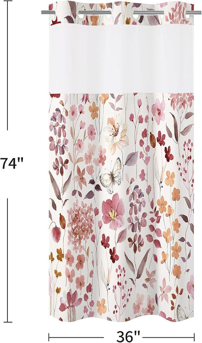 No Hook Burgundy Watercolor Floral Shower Curtain and Liner Set, 36x74 | Spring Flower Shower Curtains with Snap-in Liner for Farmhouse Bathroom Decor, Botanical Bathroom Curtain with Leaves