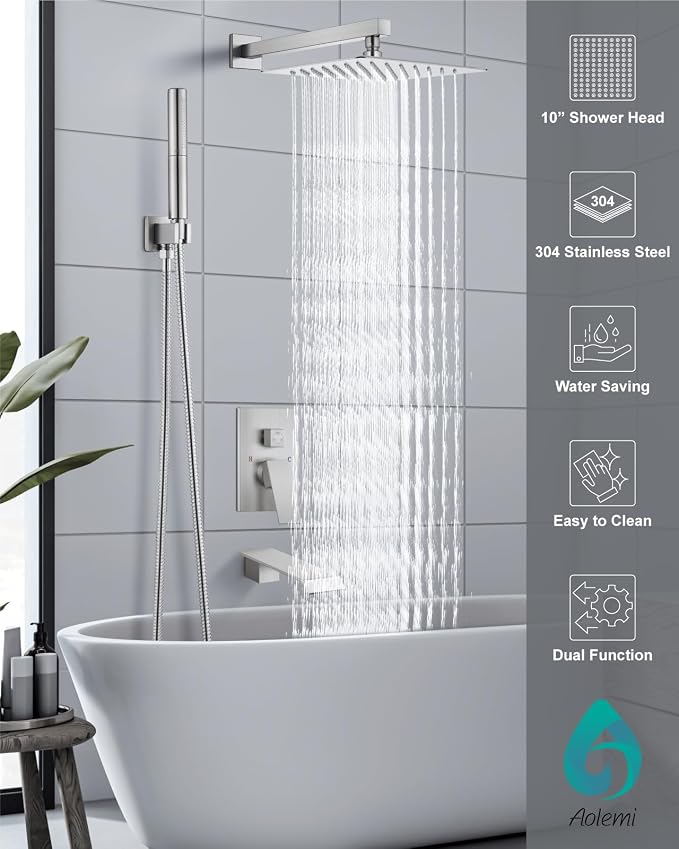 Aolemi Shower System with Tub Spout and Valve Brushed Nickel | 10-Inch Square Wall Mounted Rainfall Shower Head and Handheld,3-Function Bathtub Shower Faucet Set