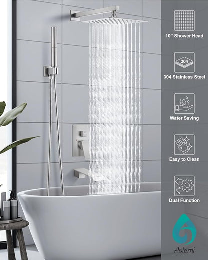 Aolemi Shower System with Tub Spout and Valve Brushed Nickel | 10-Inch Square Wall Mounted Rainfall Shower Head and Handheld,3-Function Bathtub Shower Faucet Set