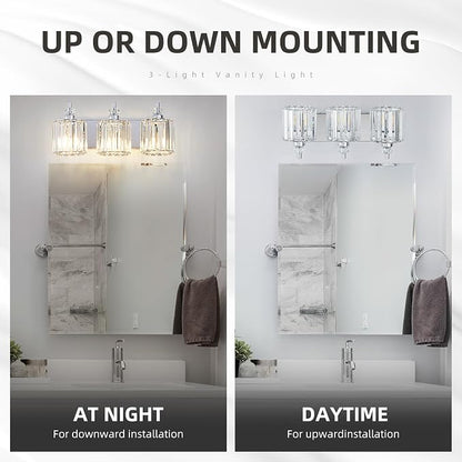 3-Light Modern Bathroom Light Fixture Chrome Bathroom Vanity Lights Over Mirror Wall Sconce Lighting with K9 Crystal Shades E26 Base for Bedroom, Living Room, Hallway, Cabinet Wall Lamp