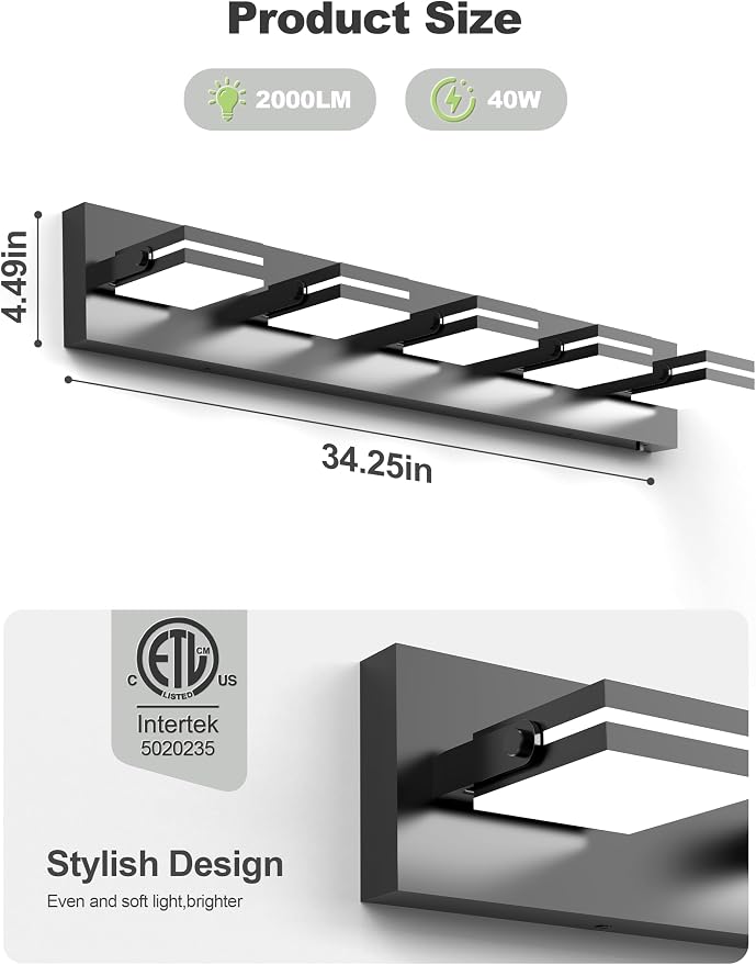 VOLISUN 5 Light Bathroom Vanity Light, 34.25 inch Dimmable Bathroom Light Fixtures Over Mirror, 5 Color Temperatures, 180°Rotatable Head, Black LED Vanity Lights for Bathrooms-ETL Certificated