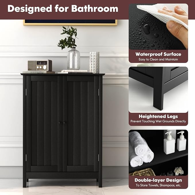 GIANTEX Storage Cabinet with Doors and Shelves - Freestanding Storage Organizer with Anti-Tipping Device, Entryway Storage Unit for Living Room, Bedroom, Home Decor, Bathroom Floor Cabinet (Black)