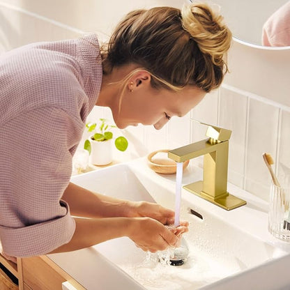 Brush Gold Bathroom Faucet, Stainless Steel Vanity Faucet with Pop Up Drain Stopper and Water Hoses, Easy to Install Bathroom Faucet 1 Hole for Bathroom Sink, Vanity, RV, Farmhouse