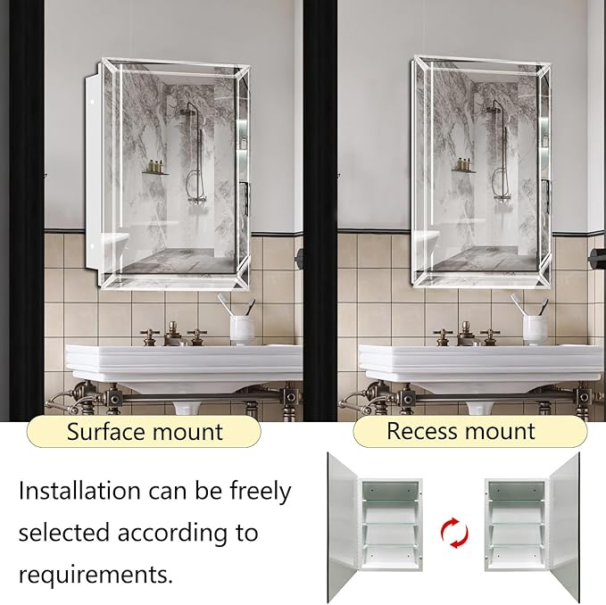 Bathroom Medicine Cabinet with 16x26 Inch Frameless Beveled Edge Mirror, Surface/Recessed Mount Vanity Storage Cabinet for Bathroom
