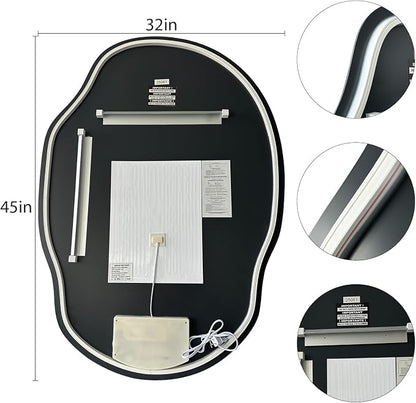 Backlit LED Bathroom Vanity Mirror with Lights, Irregular Asymmetrical Design,45" H x 32" W, Anti-Fog, Dimmable 3 Color Lighting, Memory, Hardwired Mount, Supports Horizontal & Vertical