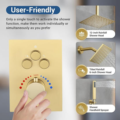 Thermostatic Dual Shower Head System, Brushed Gold Shower Faucet | 12 Inch Ceiling Rainfall Shower, 6 Inch Wall Mount Head, High Pressure Handheld Sprayer, Push Button Valve