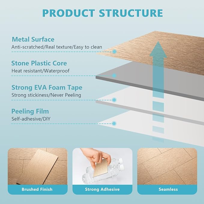 Vamos Tile 100-Piece Peel and Stick Backsplash Seamless Tile,3''x6'' Brushed Rose Gold Metal Subway Tile,Stick on Backsplash for Kitchen/Bathroom/Laundry Room