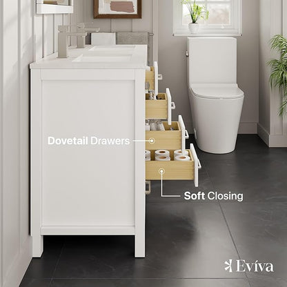 Eviva London 54 in. White Double Sink Bath Vanity with Carrara Quartz Top and Undermount Porcelain Sinks