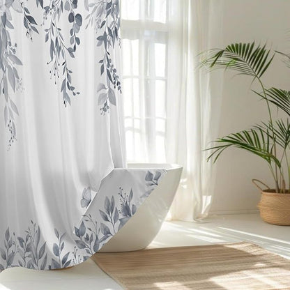 Light Grey Floral Eucalyptus Shower Curtain with Hooks, 72x72 Inch | Waterproof Fabric, Watercolor Leaves and Floral, Botanical Style, Machine Washable, Quick-Drying, for Hotel Bathroom