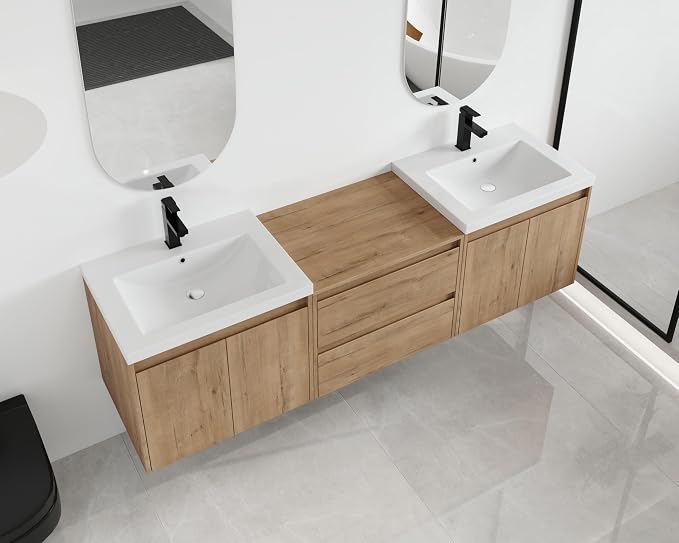 Malwee 72'' Floating Bathroom Vanity with Double Sink, Brown | Wall Mounted Double Sink Combo, Plywood Cabinet, Resin Basin, Ample Storage, Soft-close Hinge, Assembly Required